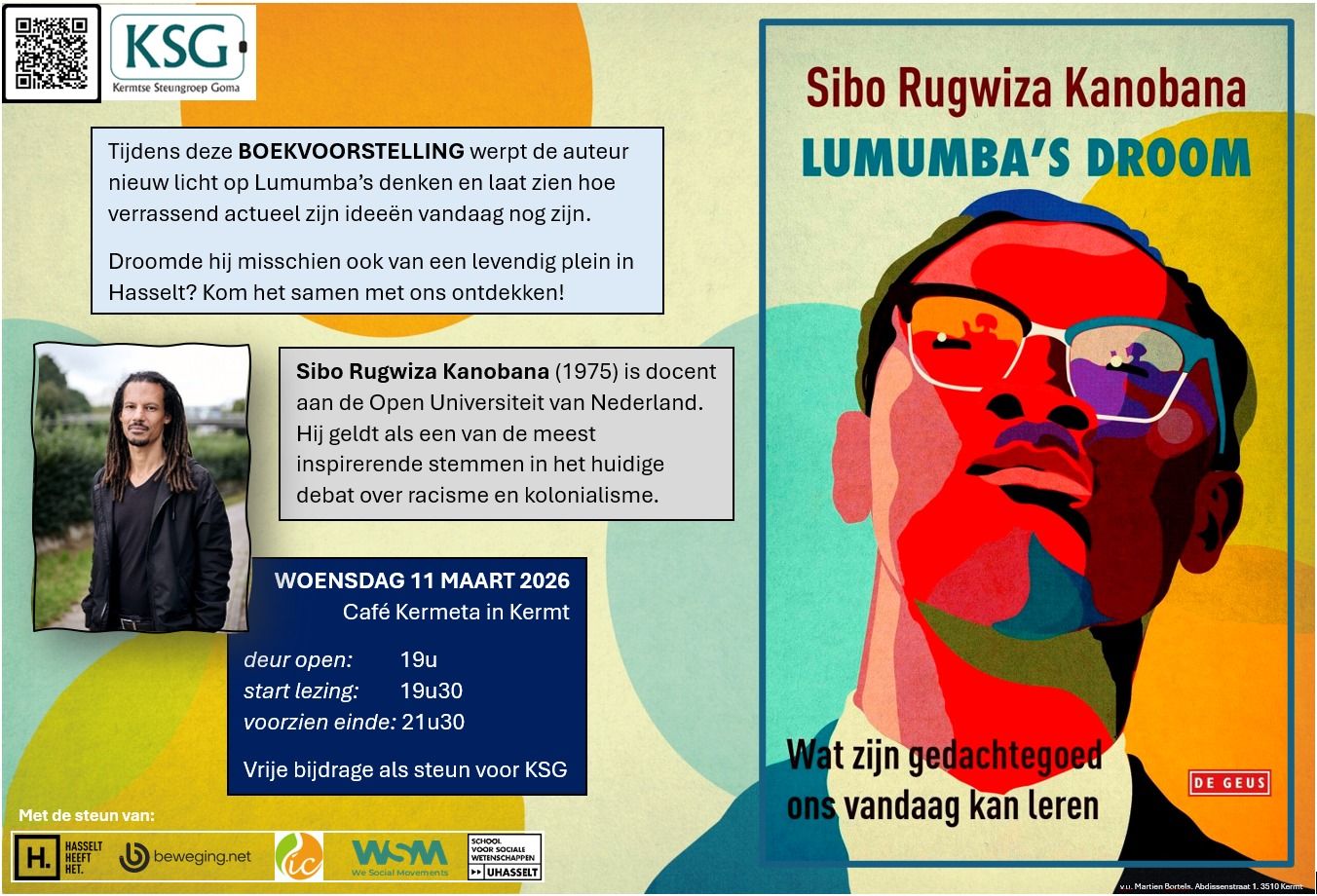 Boekvoorstelling 'Lumumba's droom', door Sibo Rugwiza Kanobana. Woensdag 11 maart 2026 van 19.00 tot 21.30 uur te Café Kermeta in Kermt
